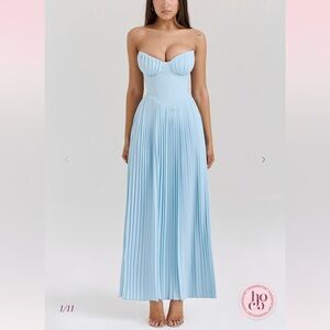 Strapless Pleated Light Blue Maxi Dress